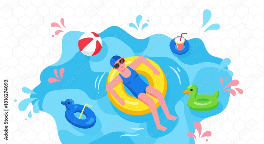 Fototapeta premium Woman floating on a yellow inflatable ring in a vibrant blue swimming pool illustration