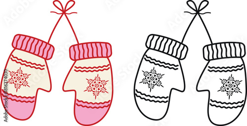 Winter Mittens Vector Illustration - Full Color And Black Outline 