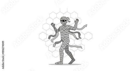 Whimsical Halloween Mummy Character Illustration with Geometric Background Design