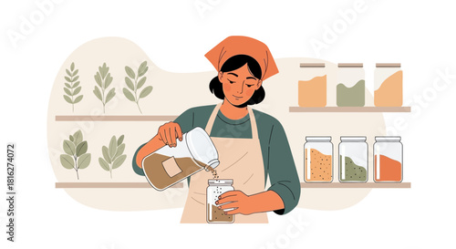 Woman filling mason jar with dry food ingredients in zero waste kitchen vector illustration