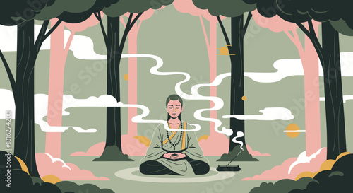 Zen Meditation in Nature: A Peaceful Monk Meditating Under Trees with Incense Smoke Aromatic