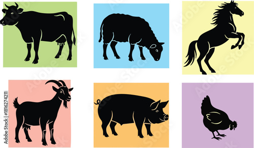 Farm animals black silhouettes cow horse pig goat chicken colorful backgrounds vector illustration