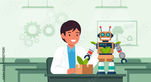 Scientist collaborating with a robot on sustainable environment projects in a lab