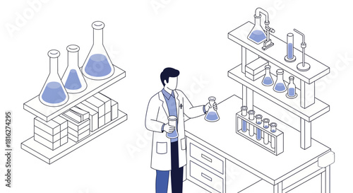 Scientist Conducting Experiment in a Chemical Laboratory with Scientific Equipment and Glassware