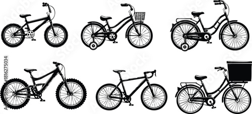 Collection of six black silhouette bicycles different styles city mountain and cargo bikes vector illustration