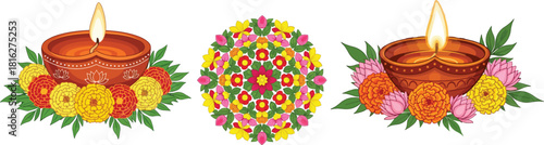Diwali lamps and floral decoration celebration elements vector