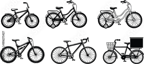 Six different bicycle silhouettes including mountain city and cargo bike vector illustration