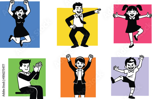 Happy joyful people celebrating success jumping and dancing with colorful backgrounds vector illustration