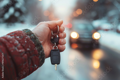 Human hand holding set of keys with blurred car in background. Useful for marketing campaigns, financial services, transport branding and modern business visuals