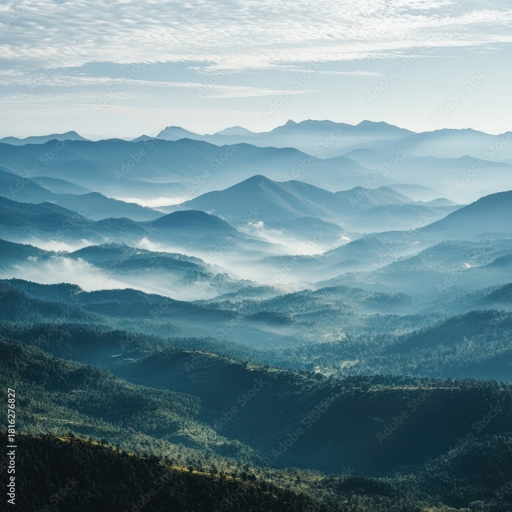 Fototapeta premium Captured from a wide perspective overlooking vast mountain scenery with drifting mist