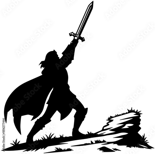 Silhouette of Hero Holding Sword on Rock