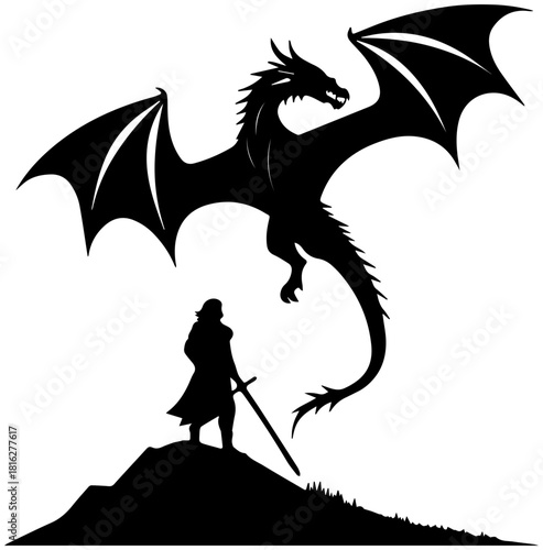 Silhouette of Warrior Facing Flying Dragon