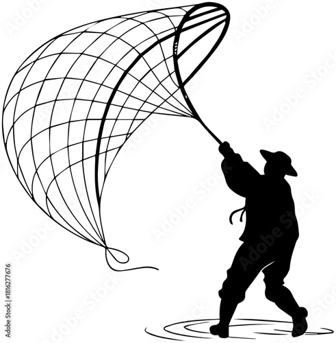 Silhouette of Person Casting Fishing Net in Water
