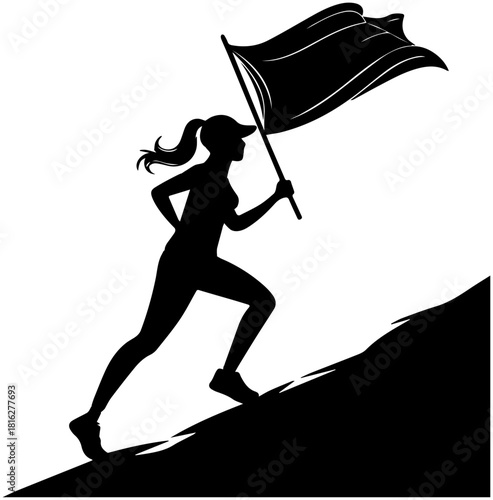 Silhouette of Woman Running Uphill with Flag