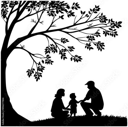 Silhouette of Family with Child Under Tree
