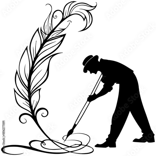 Silhouette of Person Writing with Giant Quill Pen