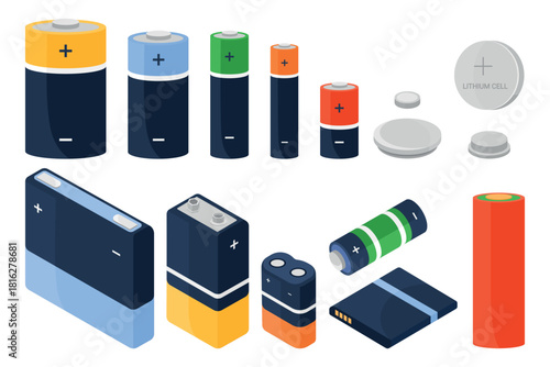 Set of different alkaline, lithium, and rechargeable battery types including AA, AAA, coin, and block cells, shown in isometric style vector illustration