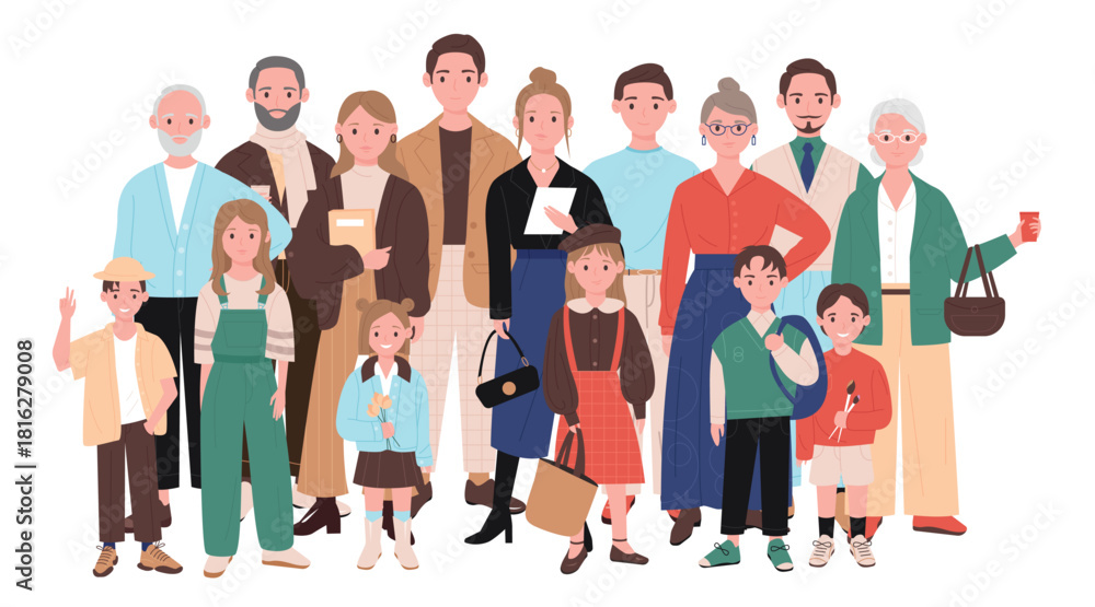 Obraz premium Large multigenerational family standing together, including grandparents, parents, and children, all dressed in casual clothing, isolated on white background vector illustration