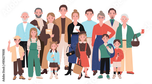 Large multigenerational family standing together, including grandparents, parents, and children, all dressed in casual clothing, isolated on white background vector illustration
