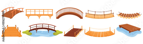 Various cartoon wooden bridges set including rope, arch, and rustic designs for river or path crossing, ideal for game or graphic projects isolated on white background vector illustration