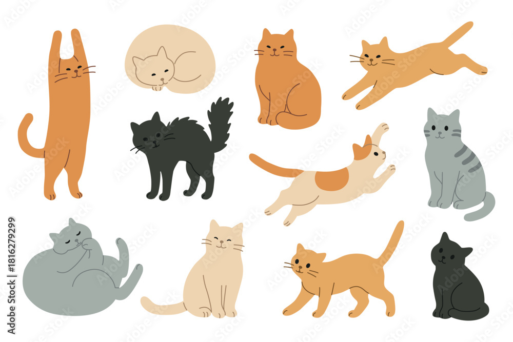 Naklejka premium Funny cute cats in varied poses like stretching, sleeping, jumping, playing. Friendly flat style for kids projects, character set for design, isolated on white background vector illustration