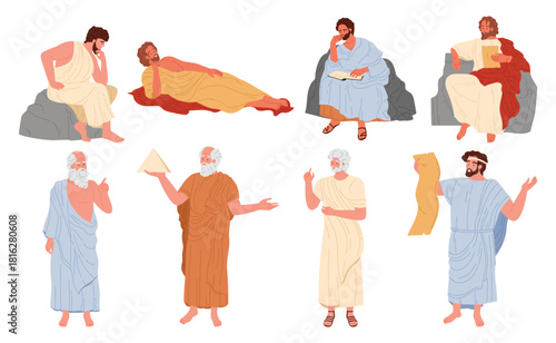 Group of ancient philosophers in togas, each posing thoughtfully or holding scrolls and geometric shapes, representing classic Greek and Roman wisdom isolated on white background vector illustration