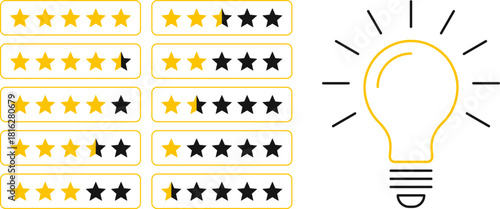 5 star rating and glowing bulb emphasizing ideas, reviews, feedback, innovation, goals. Creativity, teamwork, quality improvement evaluation user experience illustration - vector, PNG, JPG