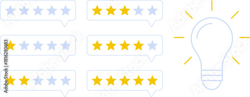 5 star rating and glowing bulb emphasizing ideas, reviews, feedback, innovation, goals. Creativity, teamwork, quality improvement evaluation user experience illustration - vector, PNG, JPG