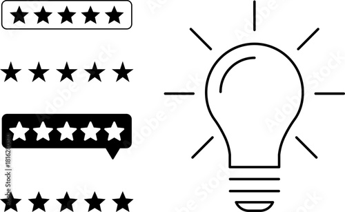 5 star rating and glowing bulb emphasizing ideas, reviews, feedback, innovation, goals. Creativity, teamwork, quality improvement evaluation user experience illustration - vector, PNG, JPG