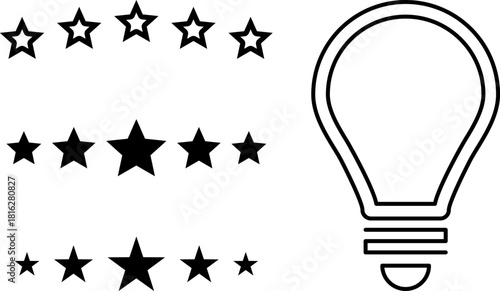 5 star rating and glowing bulb emphasizing ideas, reviews, feedback, innovation, goals. Creativity, teamwork, quality improvement evaluation user experience illustration - vector, PNG, JPG