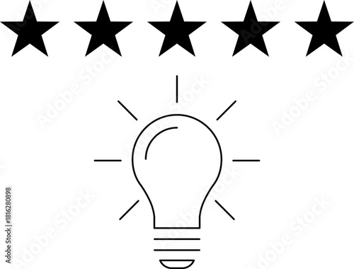 5 star rating and glowing bulb emphasizing ideas, reviews, feedback, innovation, goals. Creativity, teamwork, quality improvement evaluation user experience illustration - vector, PNG, JPG