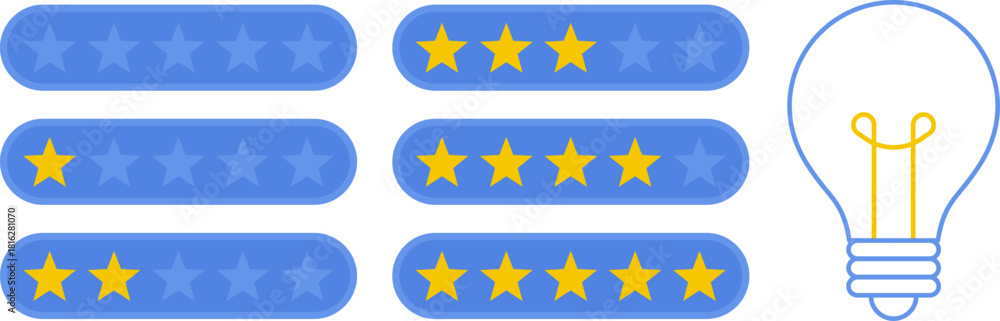 Fototapeta premium 5 star rating and glowing bulb emphasizing ideas, reviews, feedback, innovation, goals. Creativity, teamwork, quality improvement evaluation user experience illustration - vector, PNG, JPG