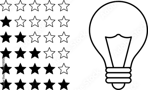 5 star rating and glowing bulb emphasizing ideas, reviews, feedback, innovation, goals. Creativity, teamwork, quality improvement evaluation user experience illustration - vector, PNG, JPG