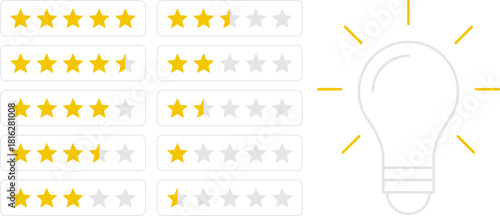 5 star rating and glowing bulb emphasizing ideas, reviews, feedback, innovation, goals. Creativity, teamwork, quality improvement evaluation user experience illustration - vector, PNG, JPG