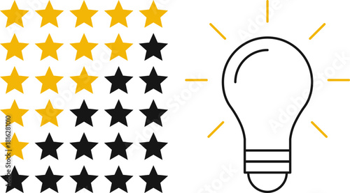 5 star rating and glowing bulb emphasizing ideas, reviews, feedback, innovation, goals. Creativity, teamwork, quality improvement evaluation user experience illustration - vector, PNG, JPG