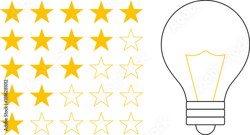 5 star rating and glowing bulb emphasizing ideas, reviews, feedback, innovation, goals. Creativity, teamwork, quality improvement evaluation user experience illustration - vector, PNG, JPG