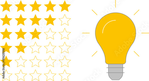 5 star rating and glowing bulb emphasizing ideas, reviews, feedback, innovation, goals. Creativity, teamwork, quality improvement evaluation user experience illustration - vector, PNG, JPG