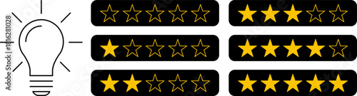 5 star rating and glowing bulb emphasizing ideas, reviews, feedback, innovation, goals. Creativity, teamwork, quality improvement evaluation user experience illustration - vector, PNG, JPG