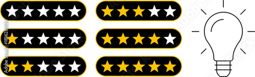 5 star rating and glowing bulb emphasizing ideas, reviews, feedback, innovation, goals. Creativity, teamwork, quality improvement evaluation user experience illustration - vector, PNG, JPG