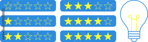 5 star rating and glowing bulb emphasizing ideas, reviews, feedback, innovation, goals. Creativity, teamwork, quality improvement evaluation user experience illustration - vector, PNG, JPG