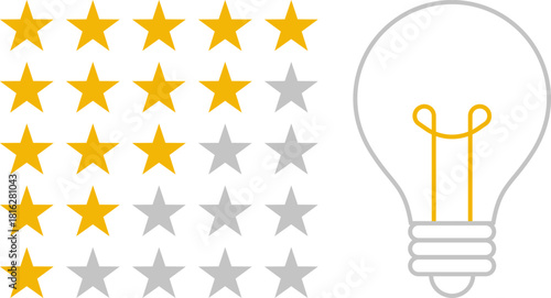 5 star rating and glowing bulb emphasizing ideas, reviews, feedback, innovation, goals. Creativity, teamwork, quality improvement evaluation user experience illustration - vector, PNG, JPG