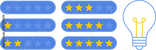5 star rating and glowing bulb emphasizing ideas, reviews, feedback, innovation, goals. Creativity, teamwork, quality improvement evaluation user experience illustration - vector, PNG, JPG