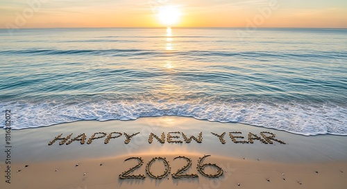 Happy new year 2026 written on beach sand at serene sunrise