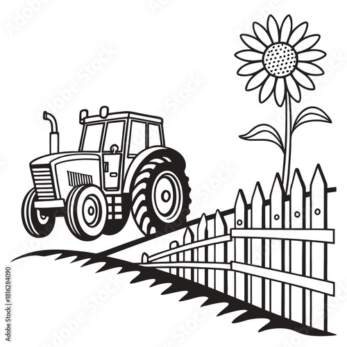 Tractor with Fence and Sunflower 1