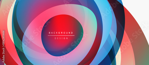Abstract colorful layers create dynamic circular design. Vibrant hues blend, forming modern background element. Smooth gradients offer visual appeal.