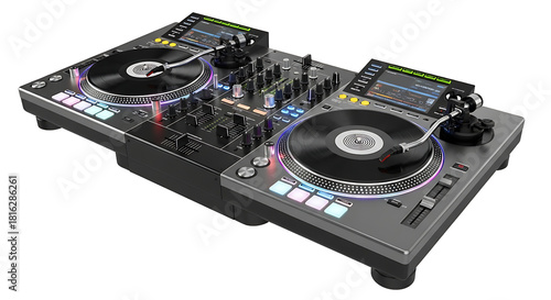 Professional DJ Turntables Mixer Setup for Electronic Music isolated on transparent background