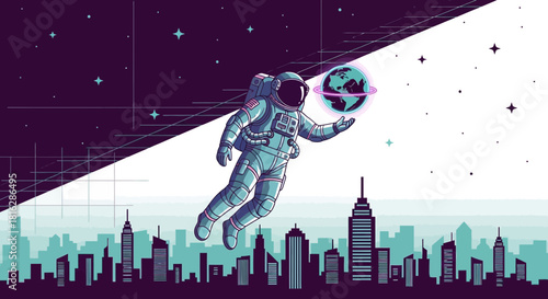 Astronaut floating above a futuristic city holding a planet illustration art