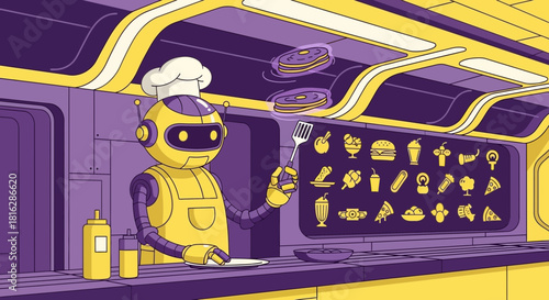 Cartoon illustration of a futuristic kitchen with a robot chef preparing pancakes