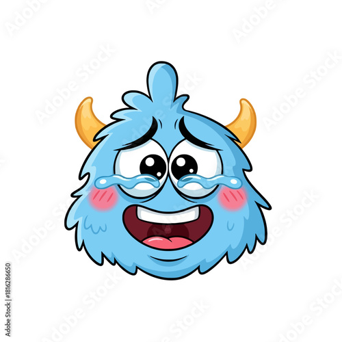 Cute cartoon blue fluffy monster with yellow horns crying tears of joy and laughing with a wide open mouth.
