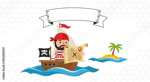 Cartoon pirate sailing boat illustration with blank banner and treasure island background